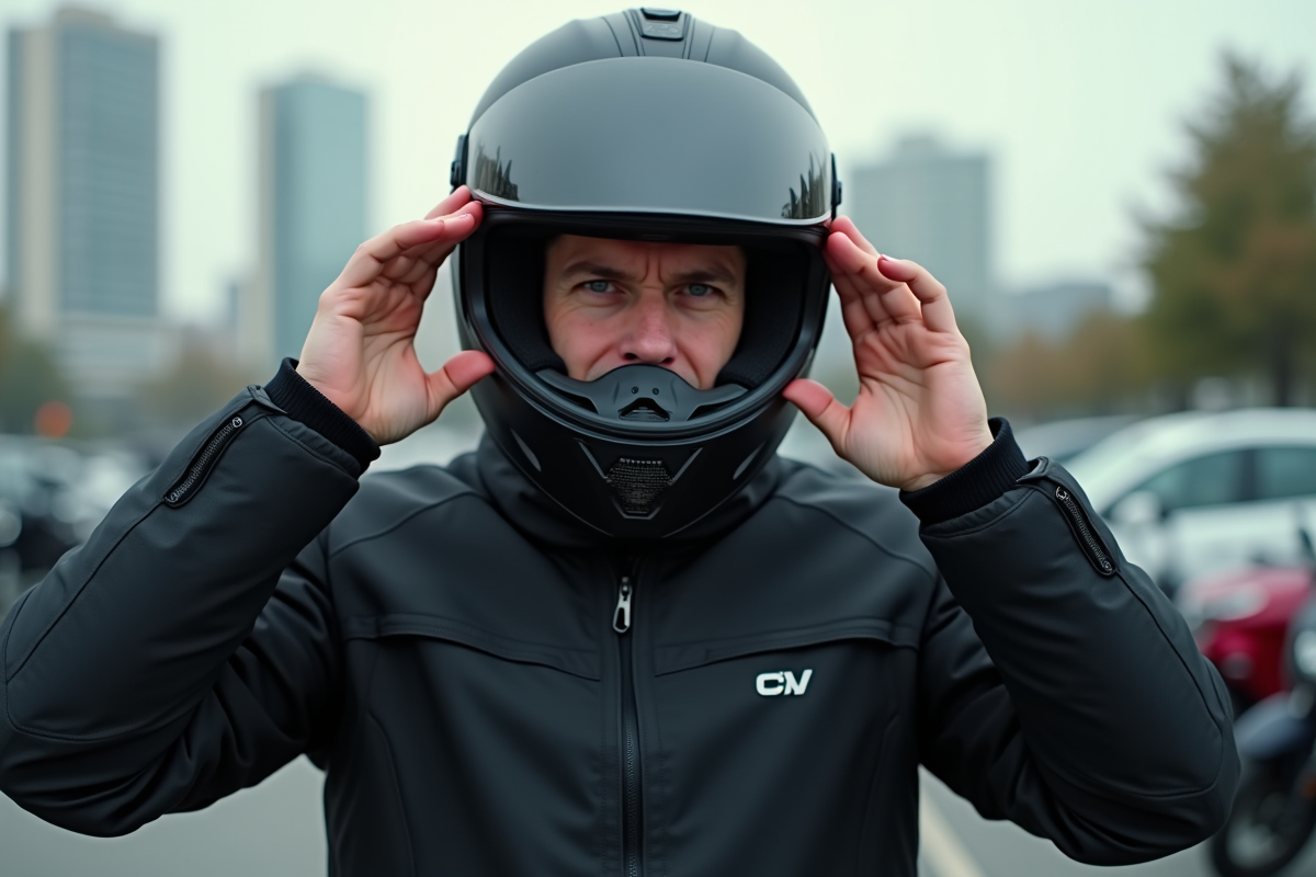 Homme en moto avec casque antifog en ville