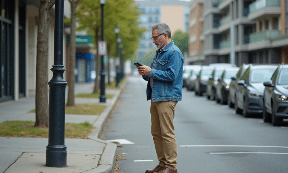 Homme inquiet regardant liste de voitures stationnees