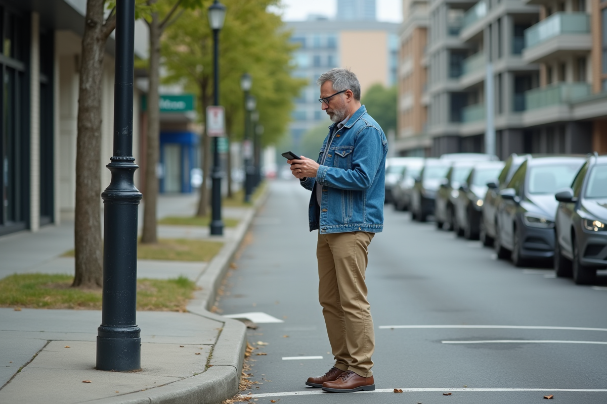 Homme inquiet regardant liste de voitures stationnees