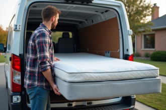 Homme en jeans et flanelle chargeant un matelas dans une camionnette