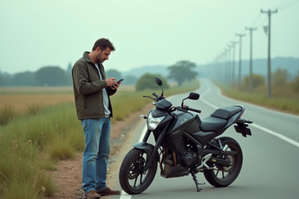Homme d'âge moyen vérifiant son téléphone à côté d'une moto cassée en campagne