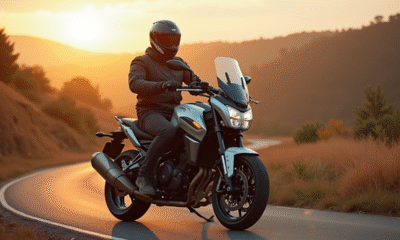Homme confiant sur une moto de tourisme en campagne