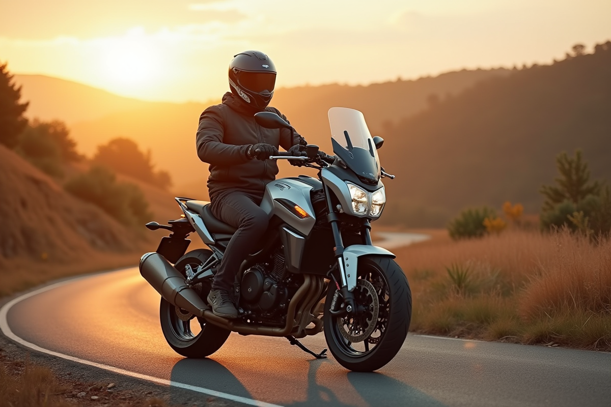 Homme confiant sur une moto de tourisme en campagne