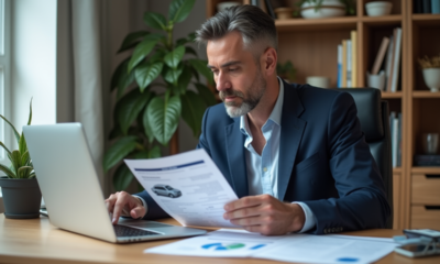Homme en blazer bleu compare documents d'assurance voiture