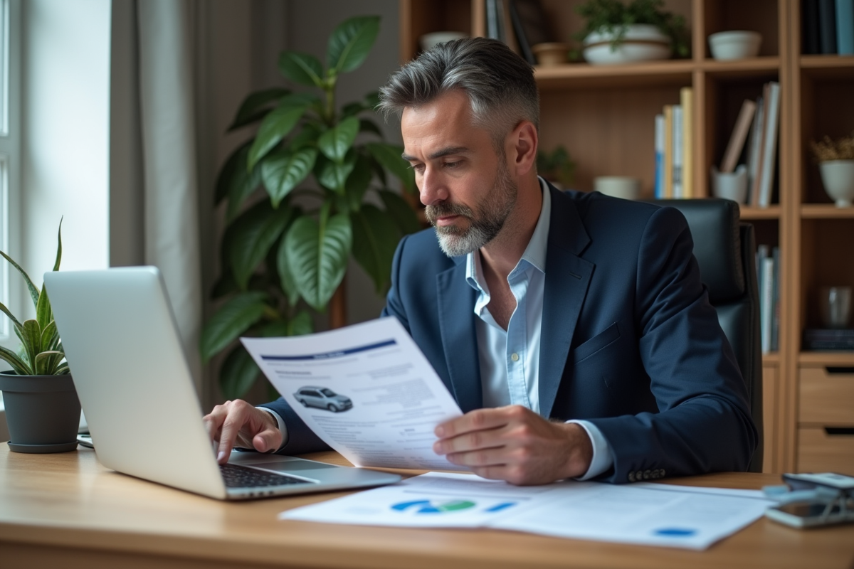 Homme en blazer bleu compare documents d'assurance voiture