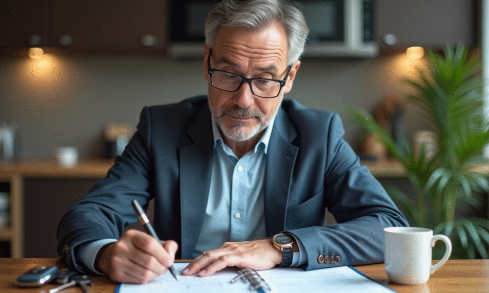 Homme d'âge moyen remplissant papiers de vente voiture