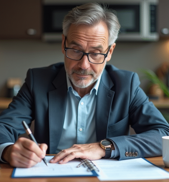 Homme d'âge moyen remplissant papiers de vente voiture