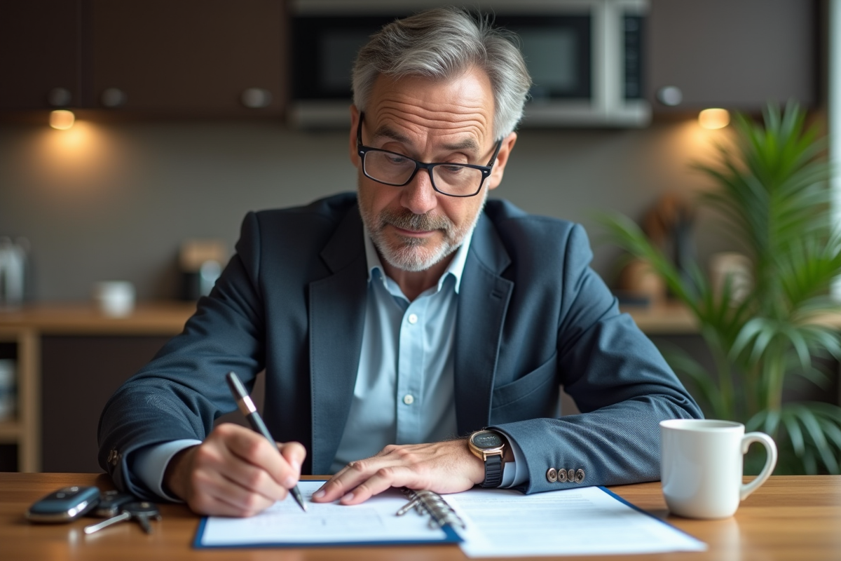 Homme d'âge moyen remplissant papiers de vente voiture