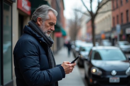 Homme d'âge moyen utilisant son smartphone en ville