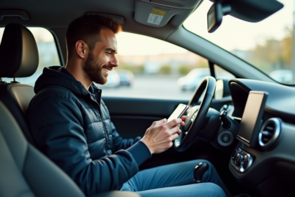 Homme souriant utilisant son smartphone dans une voiture moderne
