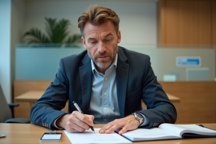 Homme d'âge moyen remplissant des papiers officiels dans un bureau moderne