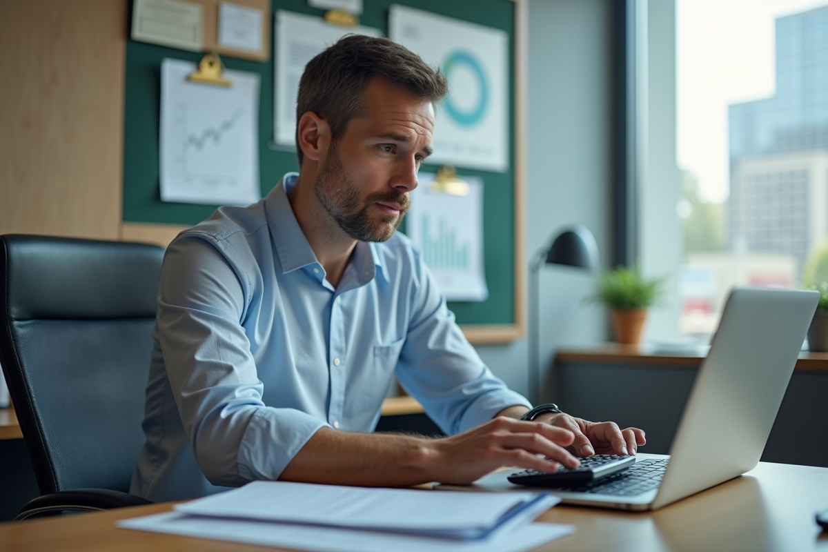Homme daffaires utilisant calculatrice et ordinateur au bureau