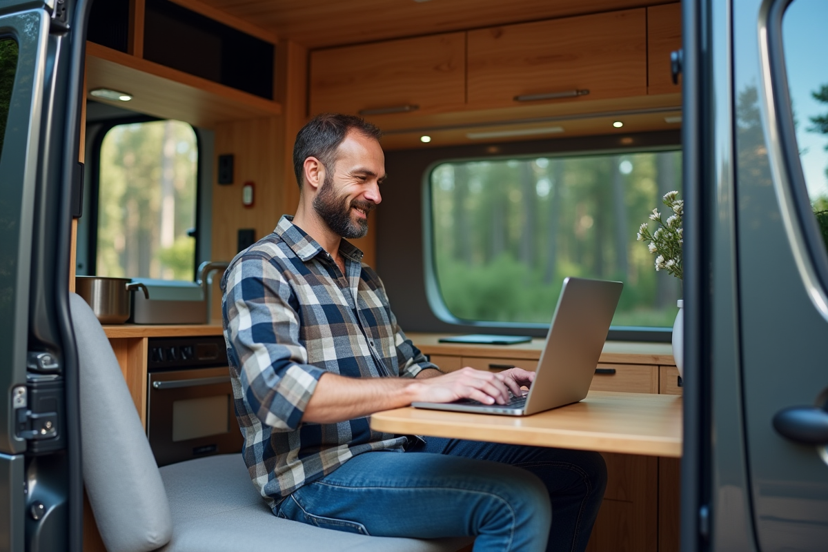 Homme travaillant sur son ordinateur dans un van moderne