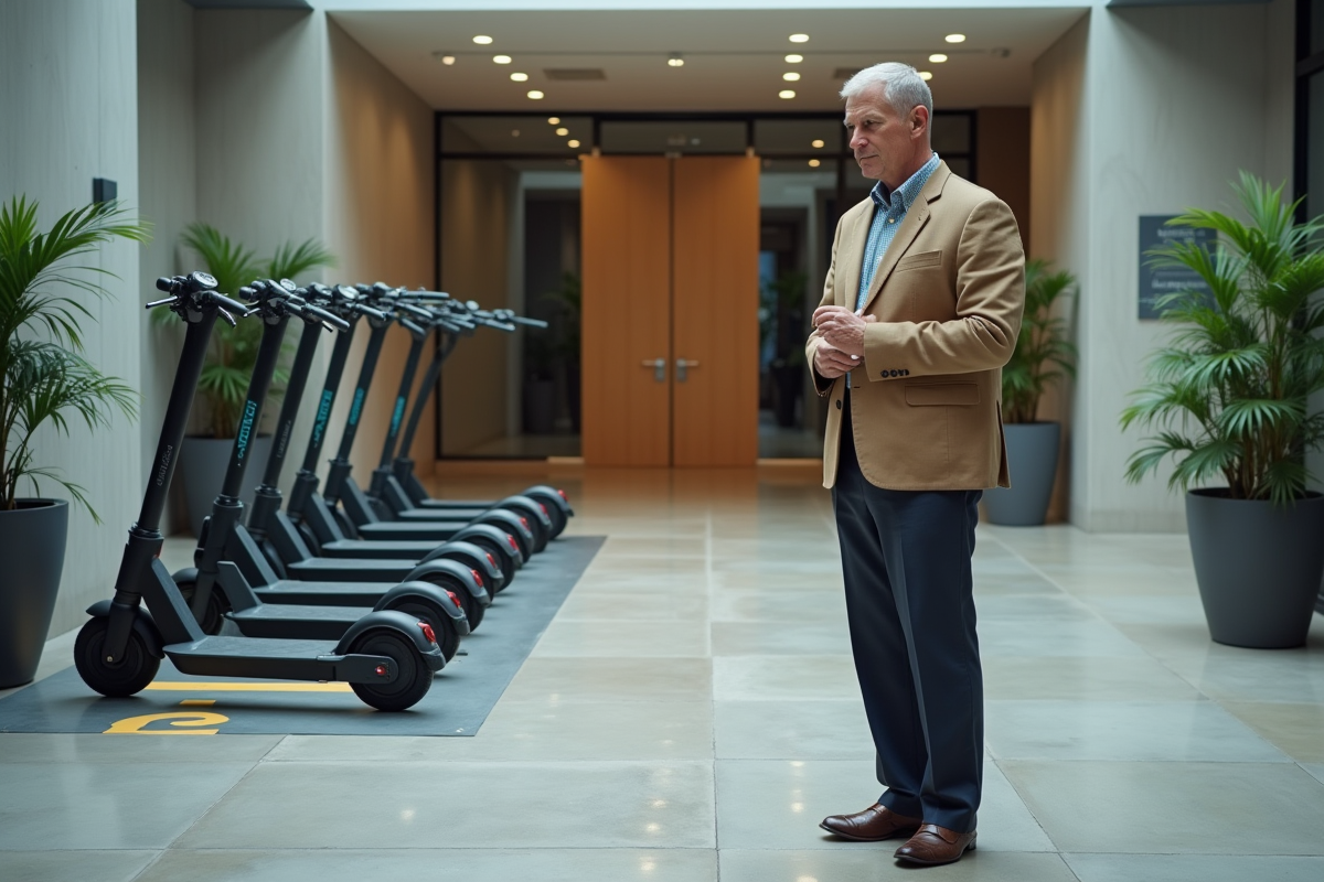 Homme examinant un parking de scooters en intérieur