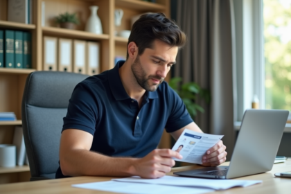 Homme en bureau vérifiant son permis de conduire