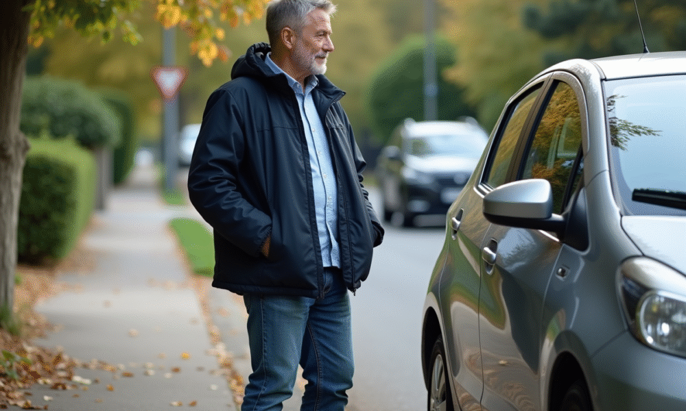 Homme vérifiant une petite voiture compacte sur le trottoir