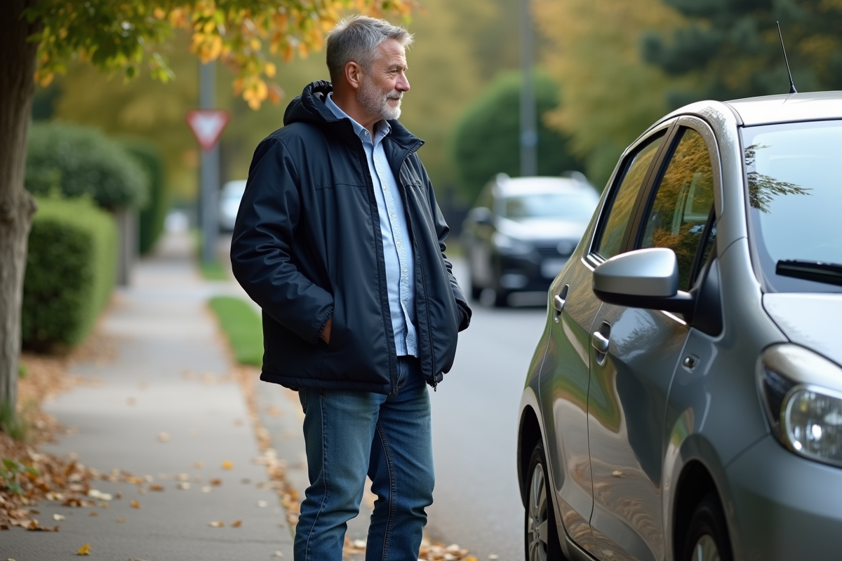 Homme vérifiant une petite voiture compacte sur le trottoir