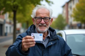Homme âgé tenant son permis de conduire français souriant
