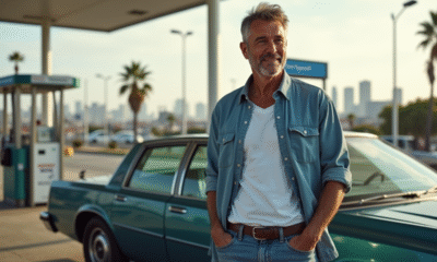Homme d'âge moyen près d'une voiture à essence en Californie