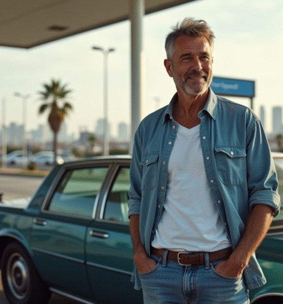 Homme d'âge moyen près d'une voiture à essence en Californie