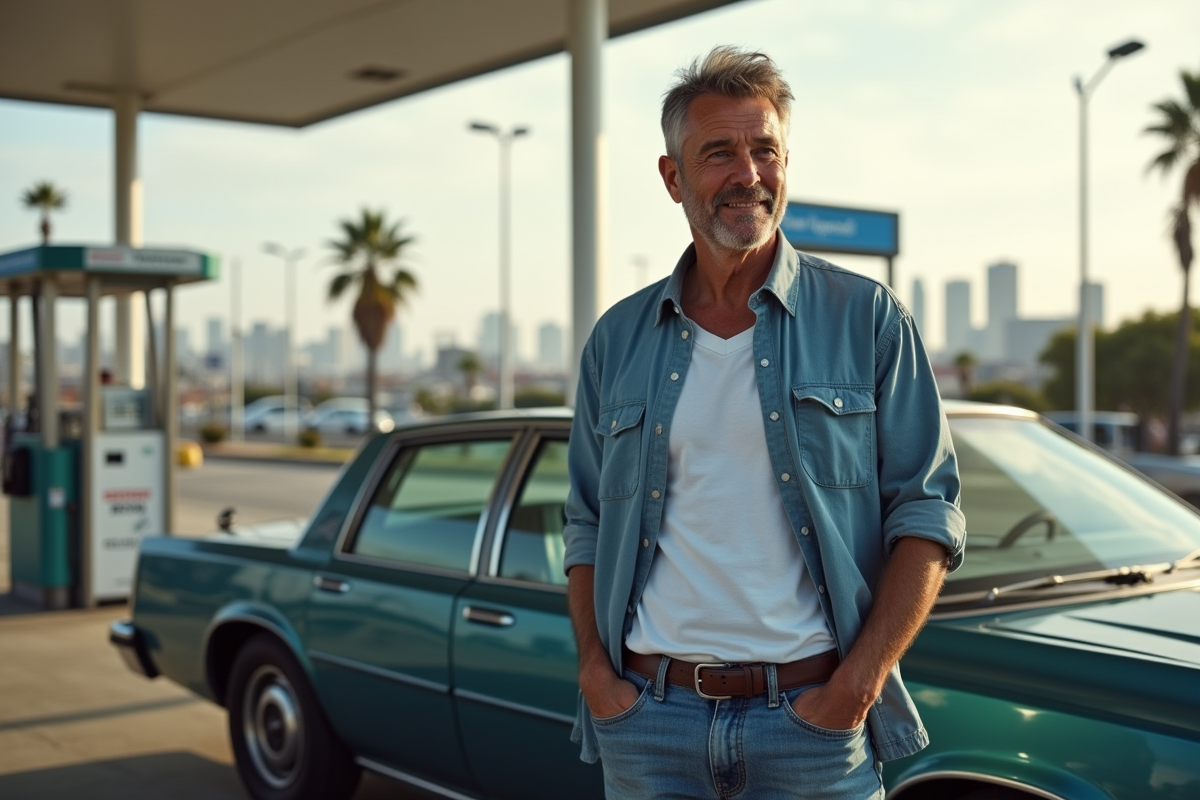 Homme d'âge moyen près d'une voiture à essence en Californie