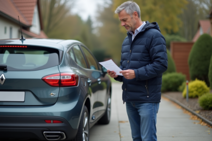 Homme inspectant la plaque d'immatriculation d'une voiture