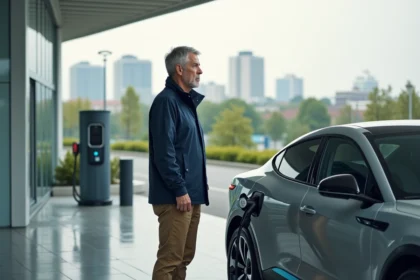 Ingénieur homme devant voiture hydrogene en station urbaine