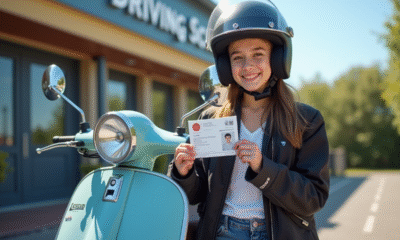 Jeune personne avec casque moto souriant tenant sa licence AM devant un scooter