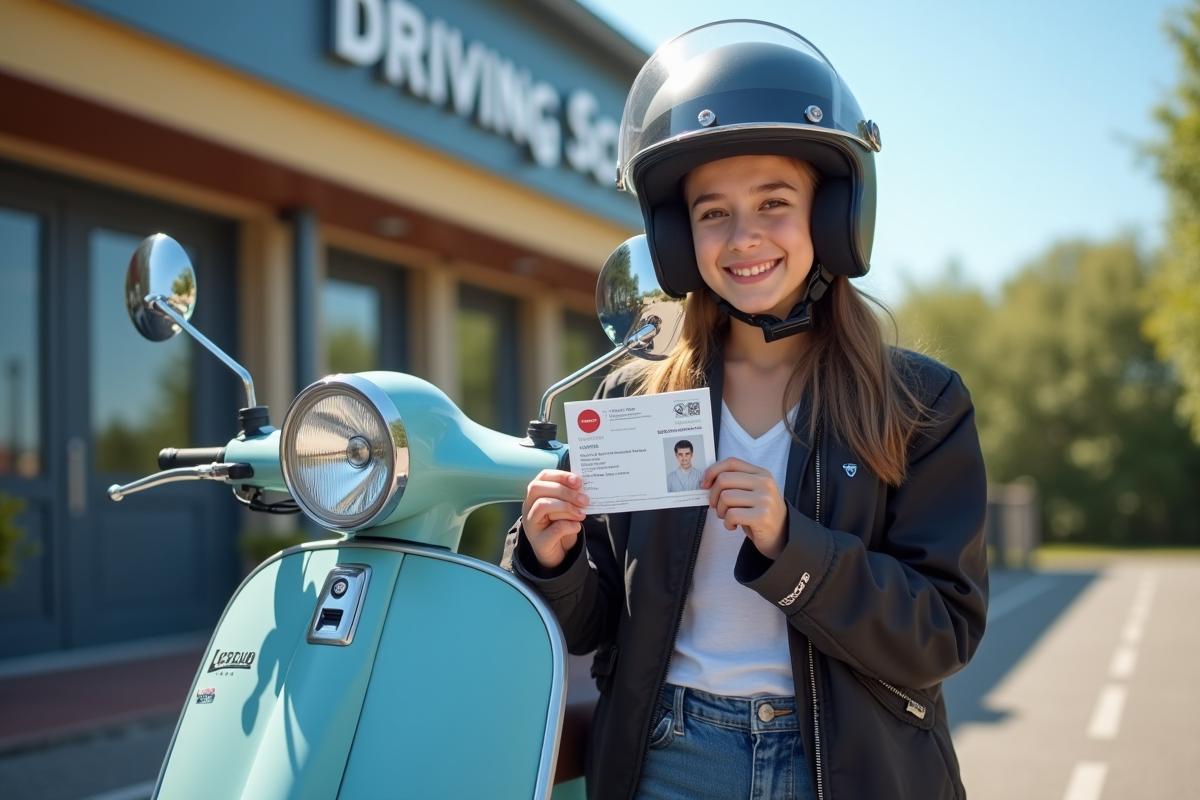 Jeune personne avec casque moto souriant tenant sa licence AM devant un scooter