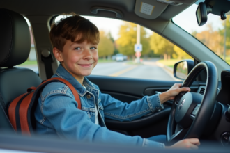 Jeune garçon de 14 ans au volant d'une petite voiture en extérieur