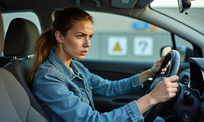 Jeune femme concentrée au volant d'une voiture compacte