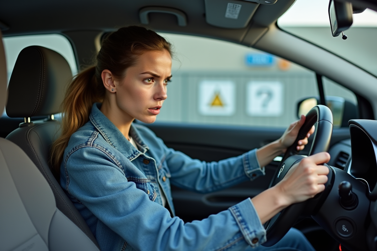 Jeune femme concentrée au volant d'une voiture compacte