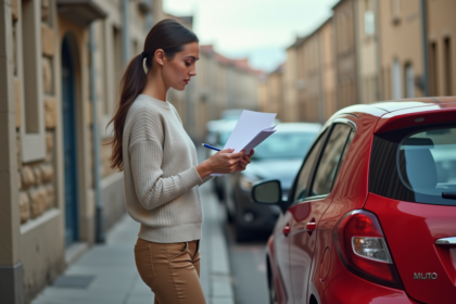 Jeune femme d'affaires examine documents auto devant sa voiture