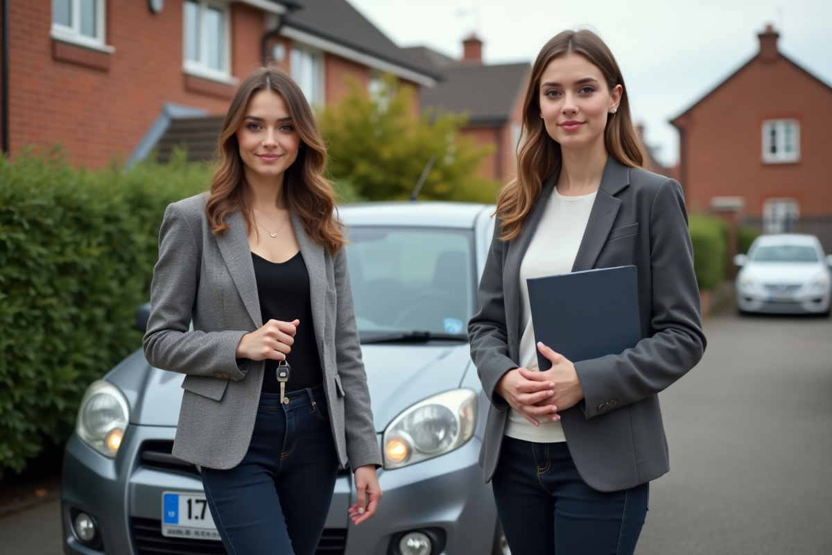 Jeune femme avec clés et dossier près d'une voiture compacte
