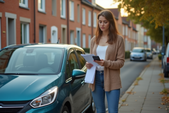 Jeune femme urbaine avec voiture compacte et documents