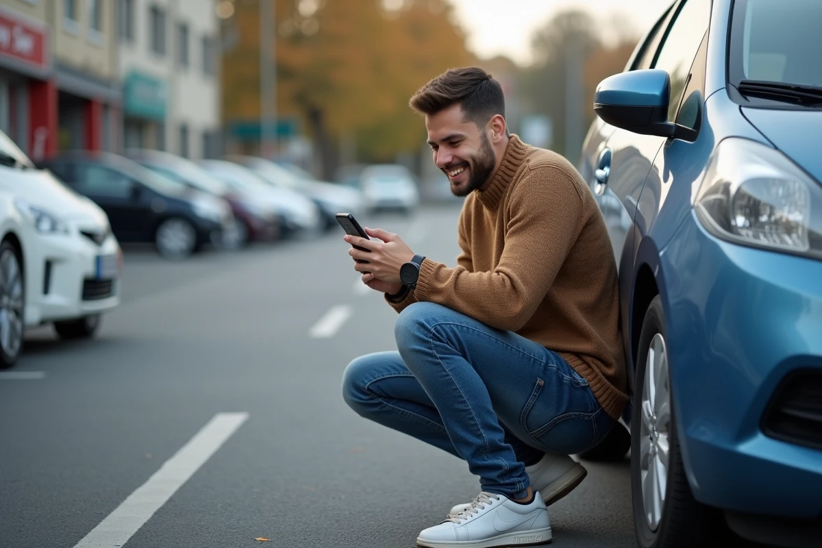 Jeune homme vérifiant son assurance auto sur smartphone