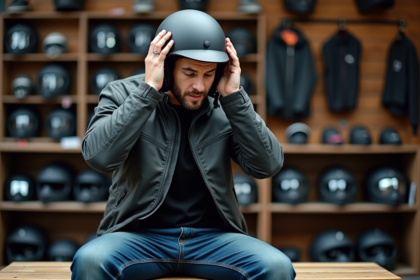 Jeune homme en veste de moto ajustant son casque