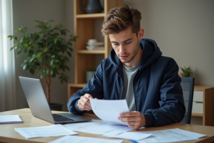 Jeune homme organisant documents pour permis BSR à son bureau