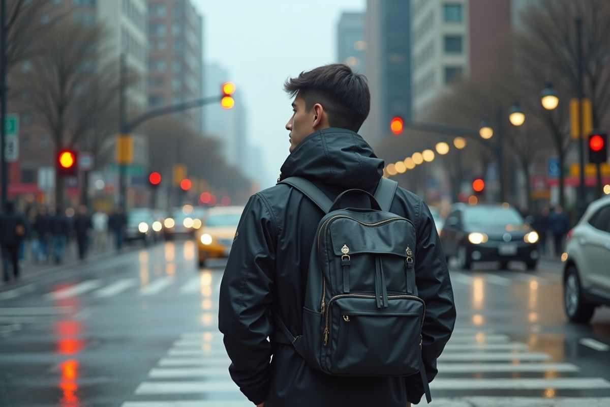 Jeune homme au passage pieton avec feu orange