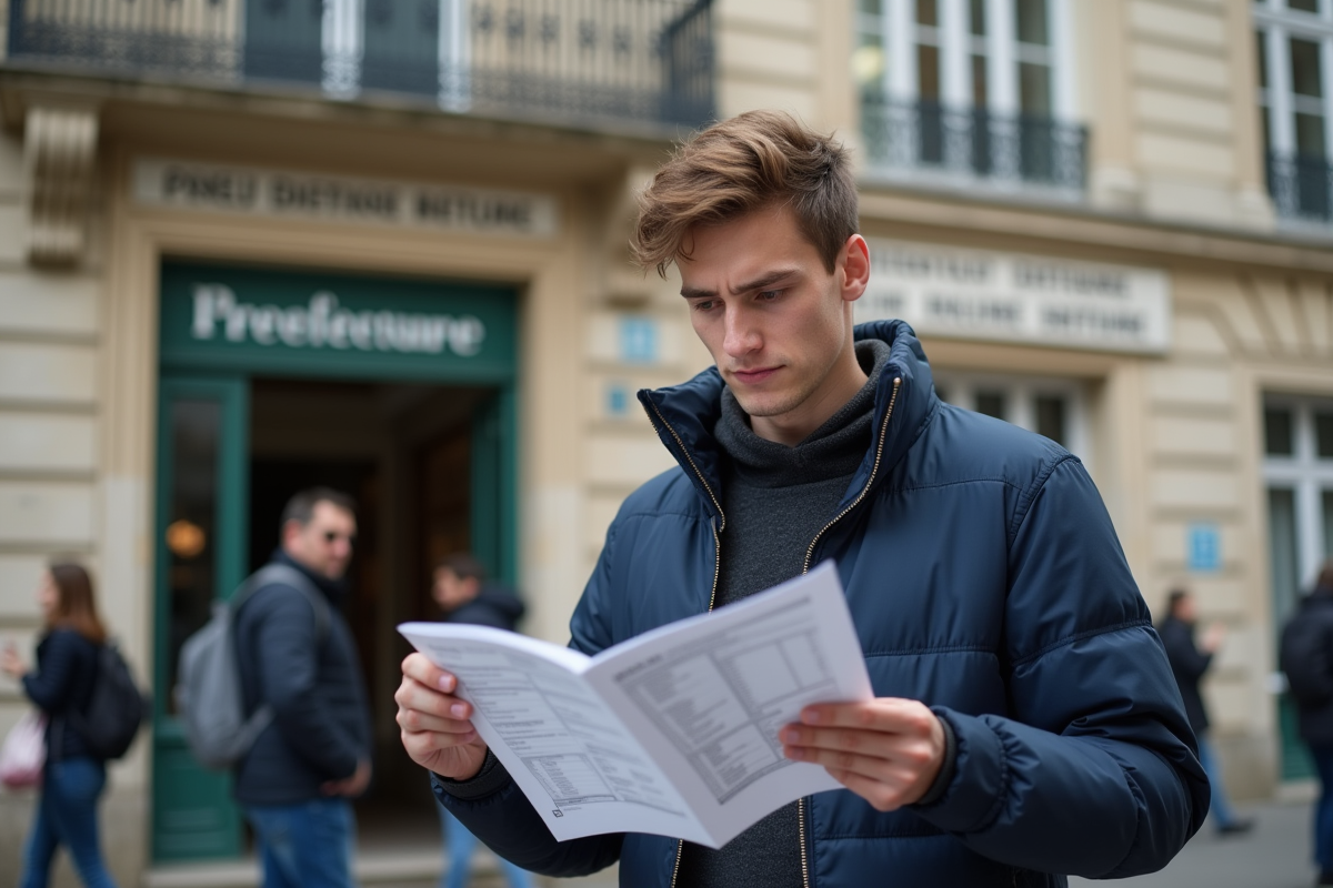 Jeune homme vérifiant un dossier devant la préfecture
