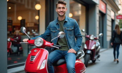 Jeune homme souriant avec scooter rouge devant concession