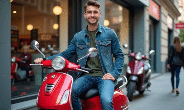 Jeune homme souriant avec scooter rouge devant concession