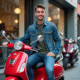 Jeune homme souriant avec scooter rouge devant concession
