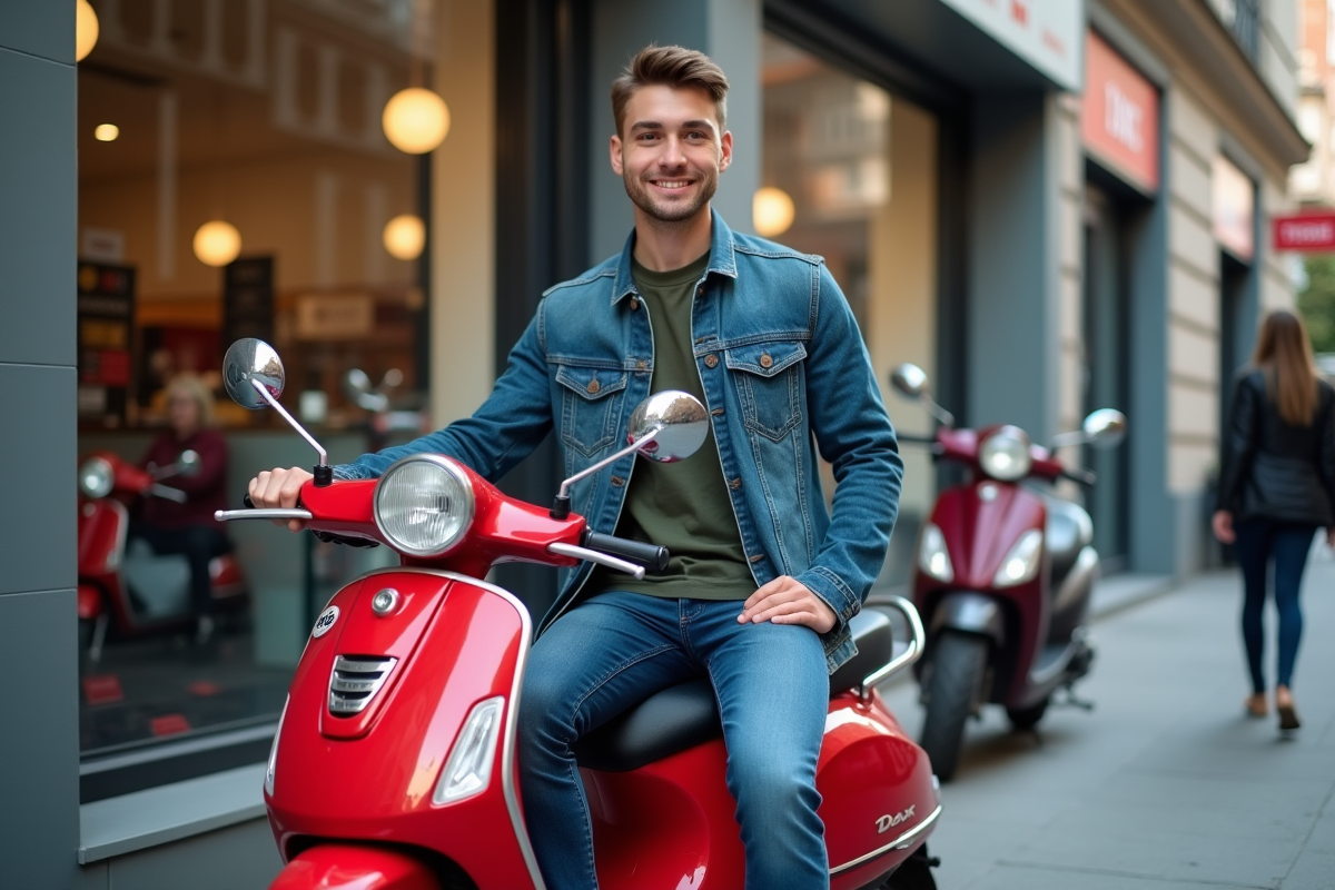Jeune homme souriant avec scooter rouge devant concession