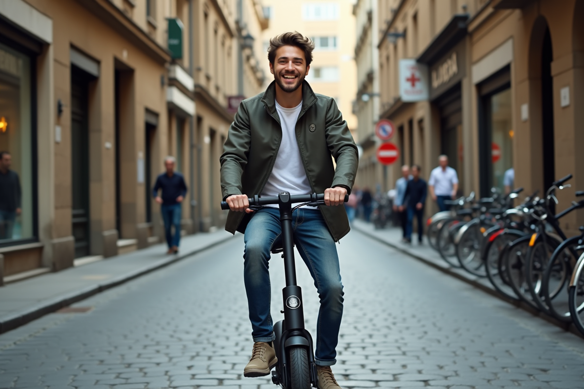 Jeune homme en casual roulant en scooter dans une rue pavée