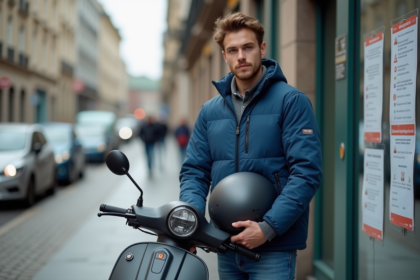 Jeune homme avec scooter en ville pour article sur législation scooter