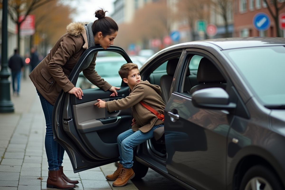 Femme aidant un garçon à boucler sa ceinture dans la voiture