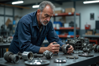 Mécanicien homme en overalls examine un moteur automobile