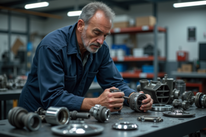 Mécanicien homme en overalls examine un moteur automobile