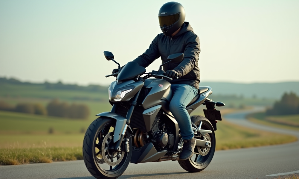 Jeune motard en veste moderne sur une moto 125cc en campagne